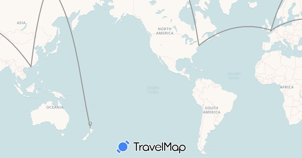 TravelMap itinerary: driving, plane in United Kingdom, Hong Kong, New Zealand, United States (Asia, Europe, North America, Oceania)